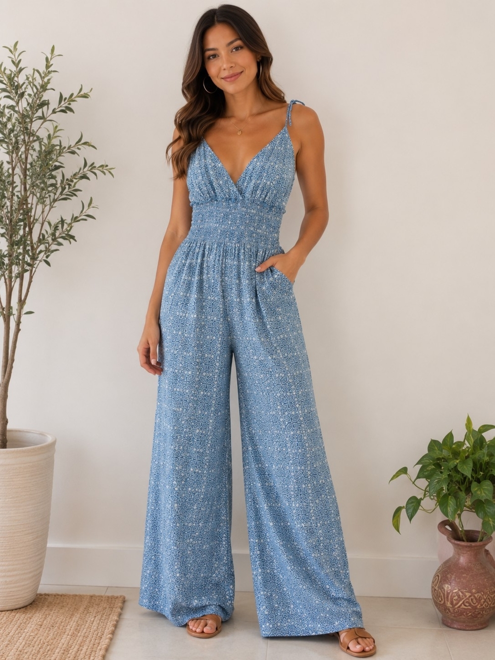 Patrons of Peace Blue Floral Smocked Wide-Leg Jumpsuit